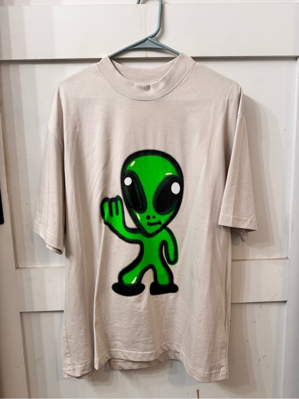 Balenciaga Beige Tee with Green Alien Graphic